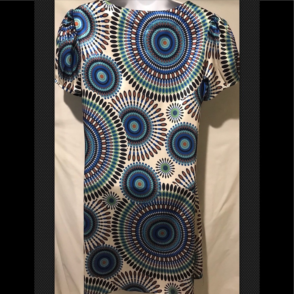 ARYEH Dress Boho Blue Geometric Circles Shift Scoop Neckline Small - Picture 7 of 10